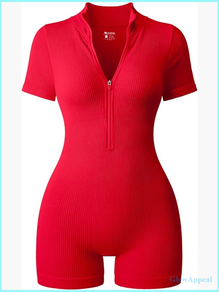 Ribbed Short Sleeve Zip Front Tummy Control Yoga Workout Romper Jumpsuit